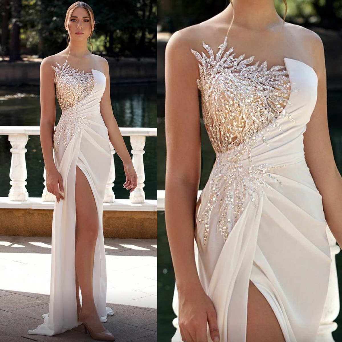 Classic Women Wedding Dress Strapless Sleeveless Bridal Gowns Sequins Split Side Sweep Train Dress Custom Made