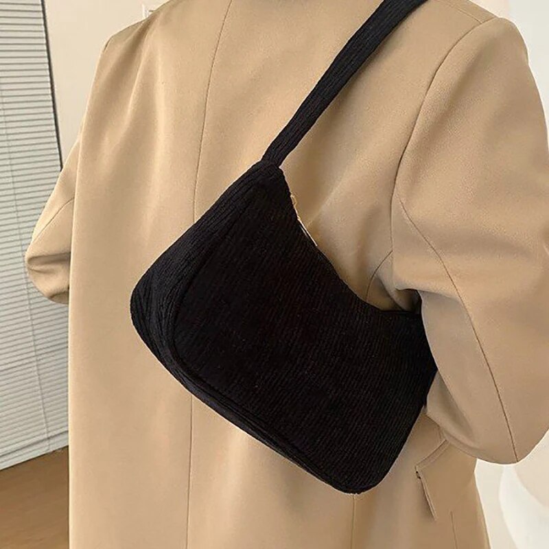 Retro Underarm Bag Women's Half Moon Shoulder Bag Fashion Solid Color Small Handbags For Women New Zipper Corduroy Clutch