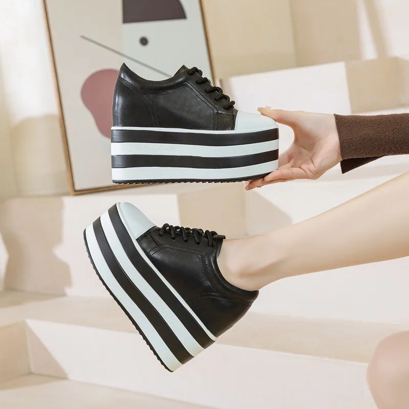 12cm Synthetic Genuine Platform Wedge Flat Leather Autumn Spring Boots Foot Bracelet Womens High Fashion High Heels 241106