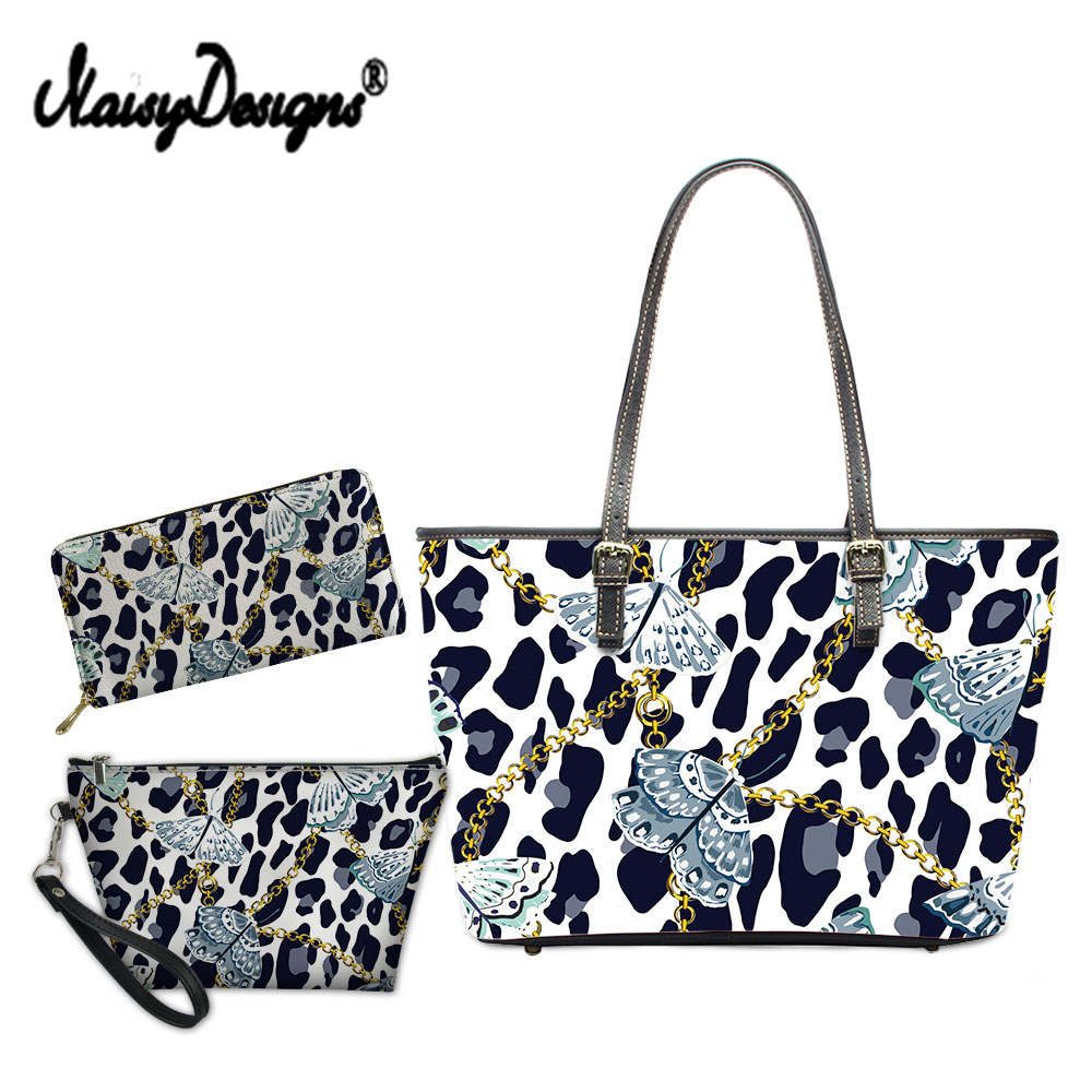 NOISYDESIGNS Leopard Design Luxury Shoulder Bags 3pcs/set Butterfly Chain Print Purse Wallets for Women PU Leather Handbags