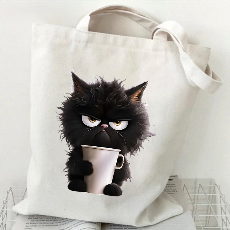 Women Canvas Shoulder Bag Coffe Black Cat Print Large Capacity Shopping Bags for Lady Cartoon Animal Grocery Tote Bag Handbags