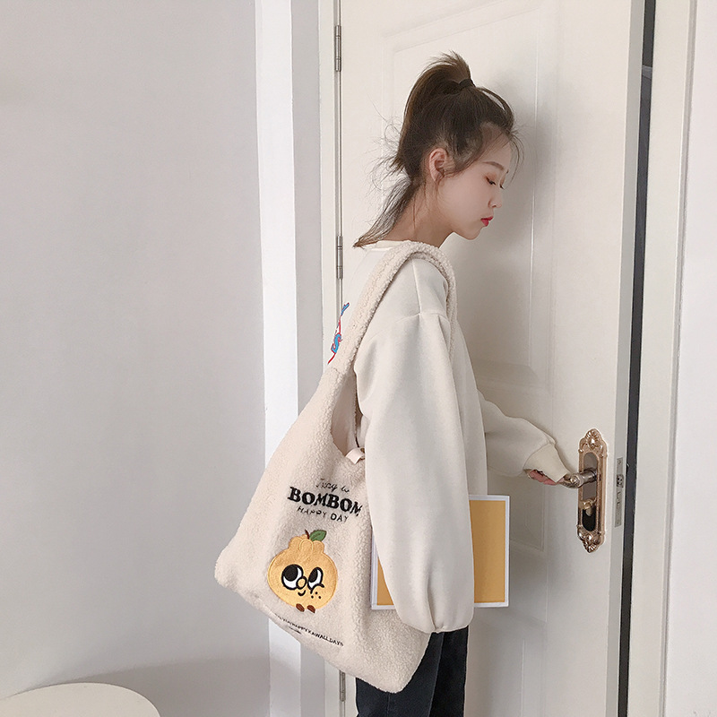 Women Berber Fleece Fabric Shoulder Bag Plush Handbag Embroidery Canvas Tote Large Capacity Shopping Bag Cute Book Bags For Girl