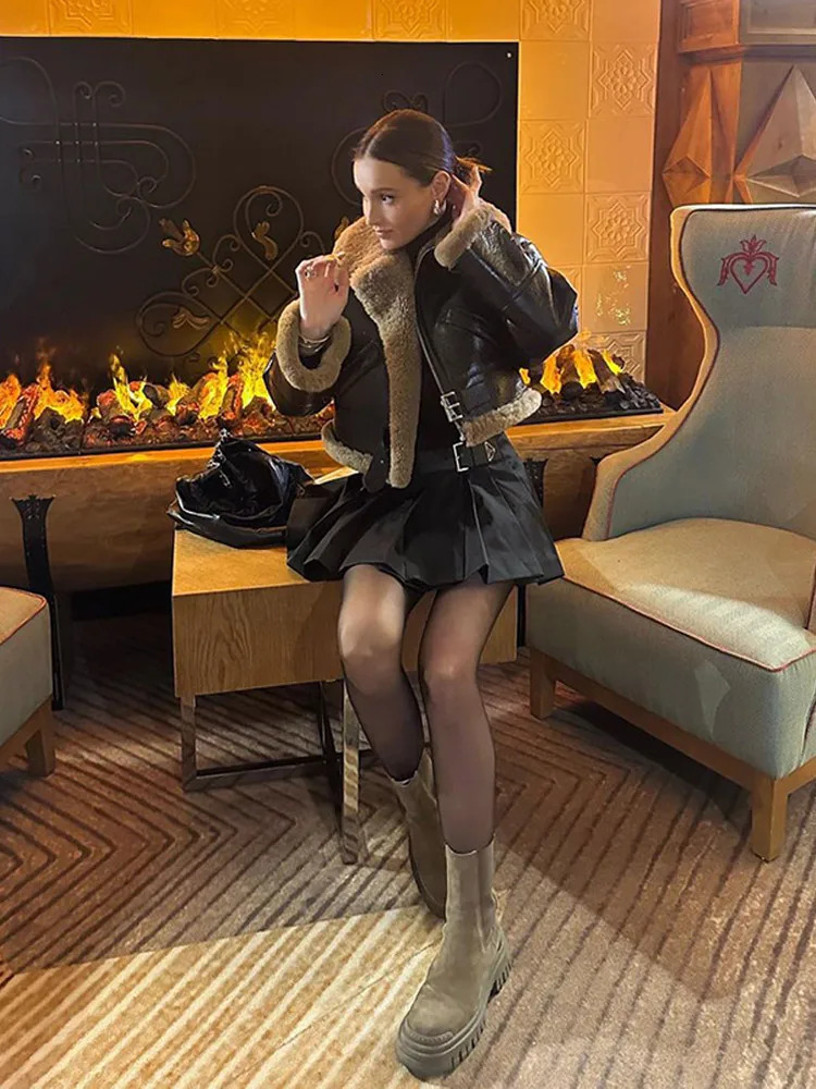 Fashionable cashmere lapel long sleeved jacket with leather short jacket retro solid color zipper jacket winter womens commuting suit 241107