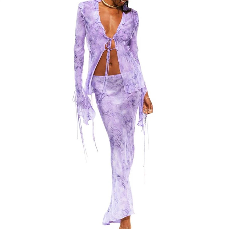 Xingqing Ruffle 2 Piece Set Women Floral Print Long Sleeve Mesh Crop Top and Low Waist Skirt Fairy Grunge Outfit Clubwear 240401