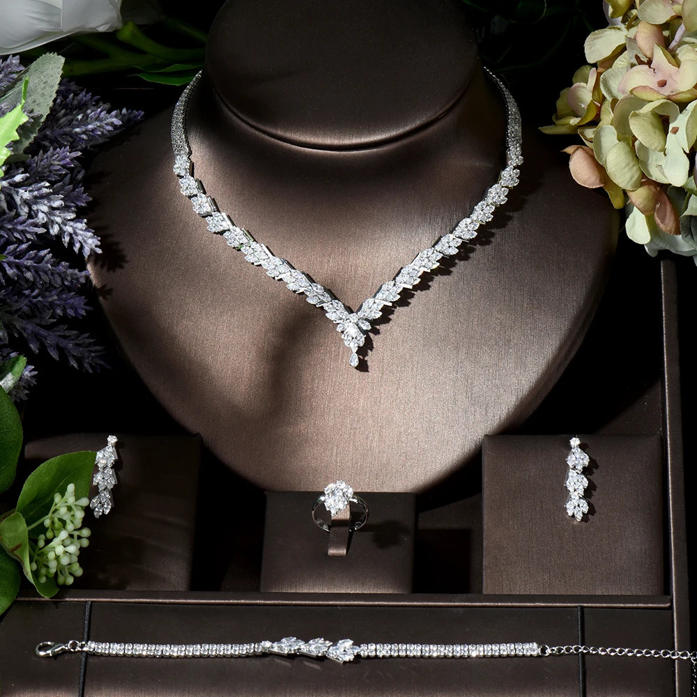 HIBRIDE Fashion Leaf n 4-piece CZ female bride wedding jewelry set earrings necklace set parrure bijoux female Mary N-119 241106