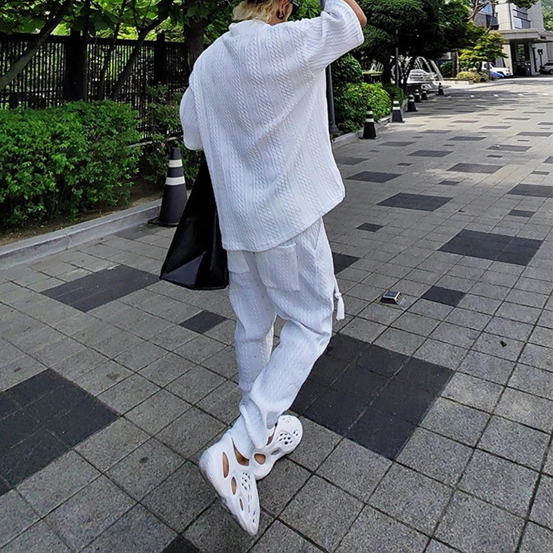 Vintage Knitted Two Piece Mens Set Fashion Loose Solid Short Sleeve V Neck Sweater Tops And Pants Men Suits Casual Knit Outfits 240401