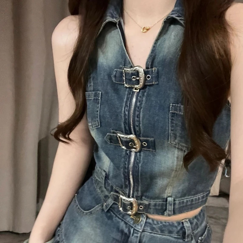 Vintage Y2K Skirts Two Pieces Set Gothic Womens Denim Camisole Vest with Mini A-line Pleated Skirt Suits Summer Outfits 241107
