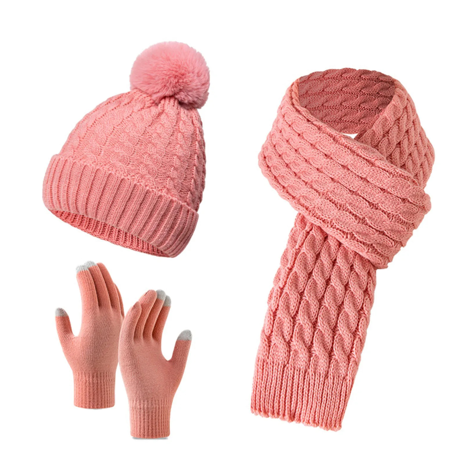 Womens Winter Hat Scarf Glove Set Wool Lined Knitted Hat Warm Long Scarf Winter 3-Piece Glove Set 241107