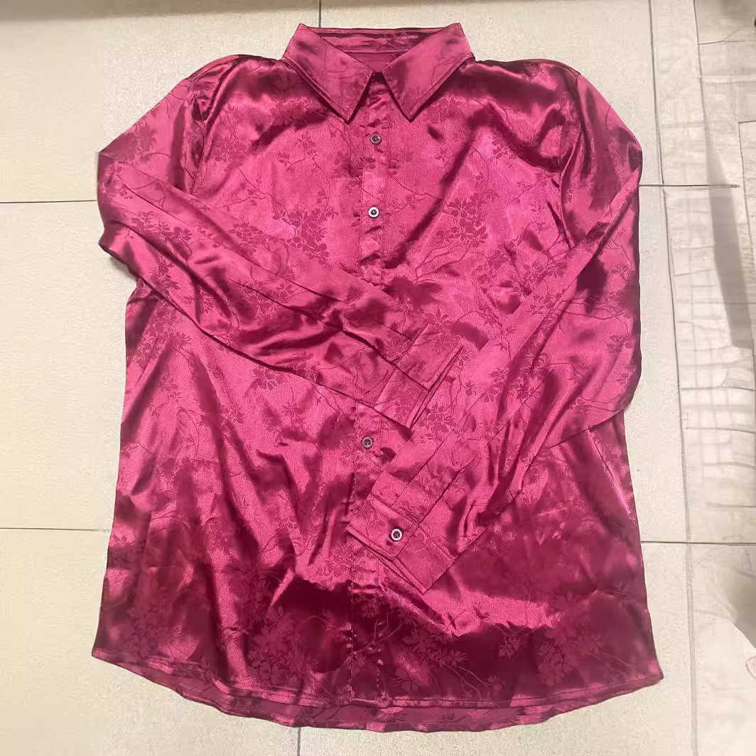 Men's silk satin dress shirt Jacquard Long sleeve floral button up shirt Party Ball Wedding shirt Q241107