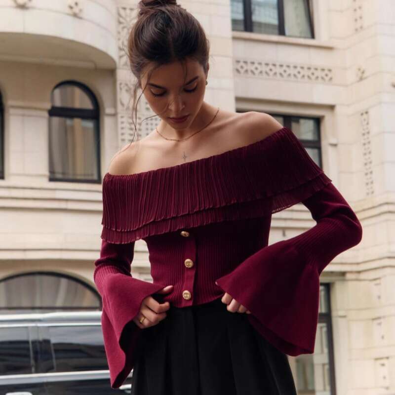 Talenza Knitted Off-Shoulder Women's Solid Long Sleeve Button Patch Pullover Elegant Casual Street Slim Sweater Top Y2k