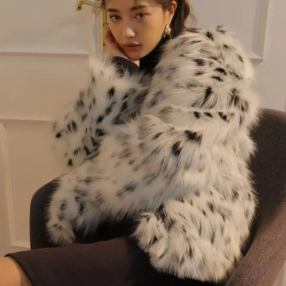 faux mink leopard print coat womens lapel plush fox fur bomber jacket spotted cardigan top 241107
