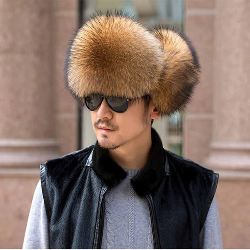 Winter Mens 100% Real Silver Fox Fur Bomber Hat Raccoon Fur Usanka Hat Catcher Russian Mens Ski Hat Real Leather 241106