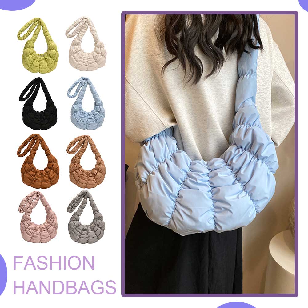 Ruched Cloud Trendy Crossbody Bag Nylon Dumpling Bag Large Capacity Fashion Hobo Bag Solid Color Crescent Bag for Women