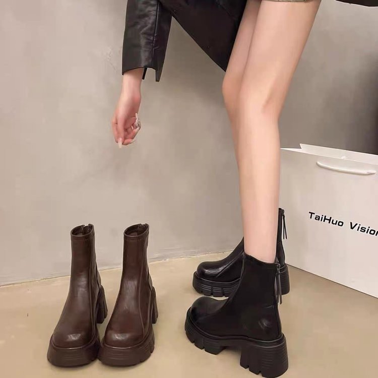 Minimalist Front Lace-up Combat Boots 5Cm Chunky Heel Platform Women Boots British Style Thick Sole Increase Height Casual Boots R241107