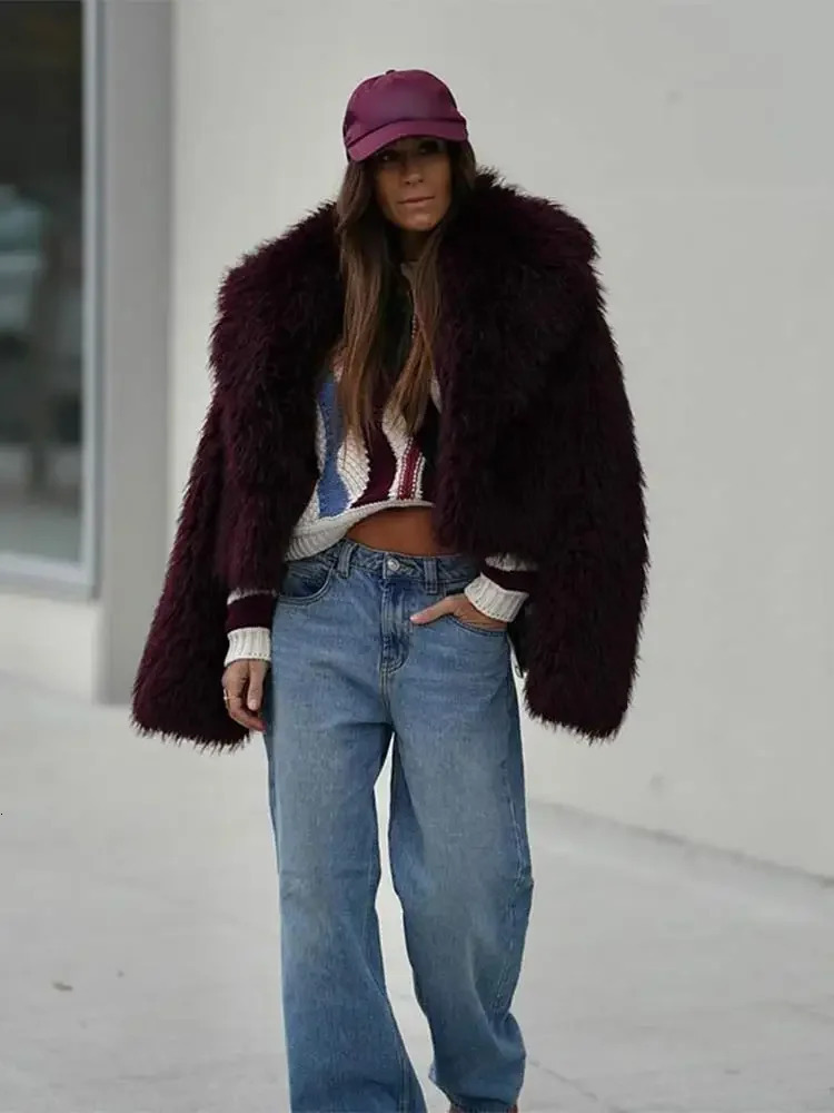 Womens casual collar fluffy fur warm coat cool long sleeved womens coat autumn/winter womens commuting coat 241106