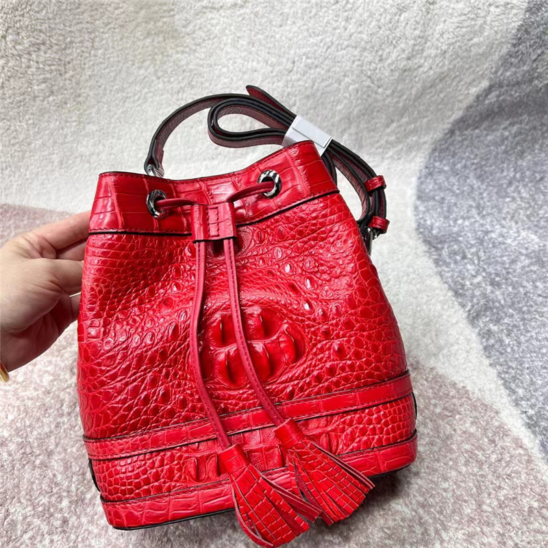 Authentic Alligator Leather Baby Blue Women Small Bucket Purse Genuine Crocodile Skin Lady Tassel Bag Female Cross Shoulder Bag