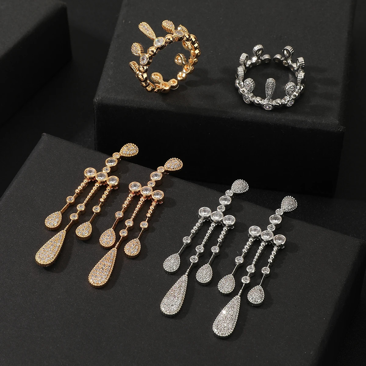 Womens Fashion Waterdrop Cube Zircon Tassel Bridal Necklace Bracelet Ring Earring Set Womens Boutique Wedding Anniversary Jewelry 241106