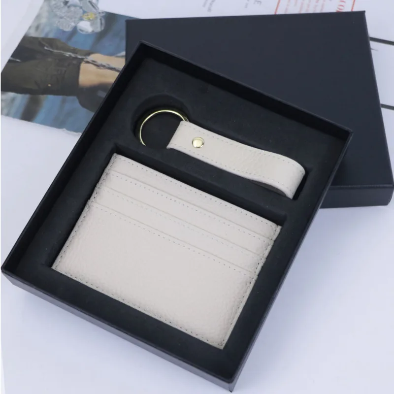 Custom Letters Genuine Leather Business Credit Card Holder Key Ring Gift Box Set Ultra-thin Short Card Cover Small Keychain Set