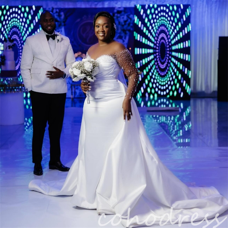 Luxury African Wedding Dresses With Overskirt Train Plus Size Long Sleeve Mermaid Bridal Gowns Beaded Satin Church Bride Dress Robe De Mariee gelinlik