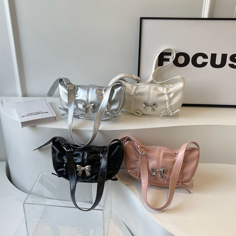 LEFTSIDE Bow Design Small Crossbody Bags for Women 2024 Korean Fashion Silver PU Leather Shoulder Bag Lady Handbags and Purses
