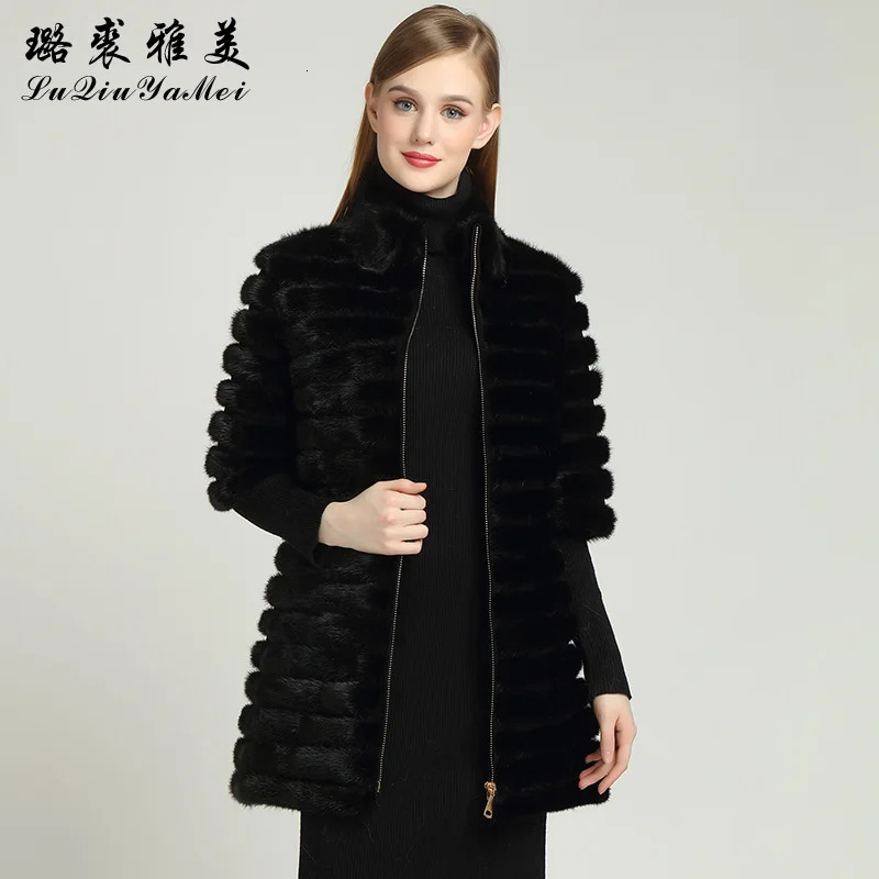 Black real mink coat with zipper natural mink coat suitable for women genuine leather mink coat Russian winter warm womens fur leather jacket 241107