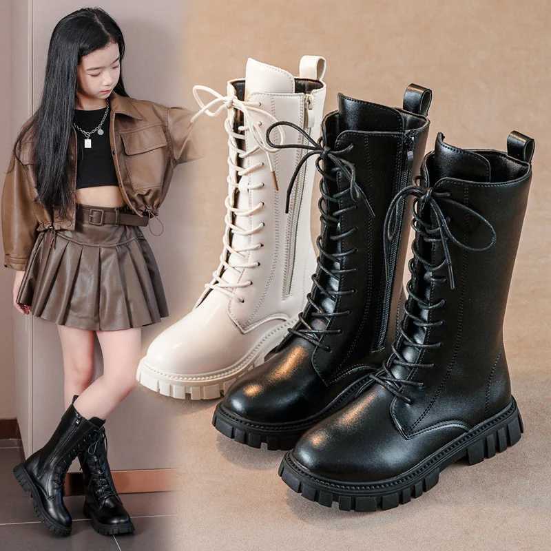 Autumn/Winter ZIP Fashion Cool Baby Girls Warm Square Heel Round Toe Casual Lace-Up Comfortable Kids Black Mid BootsXJ241206