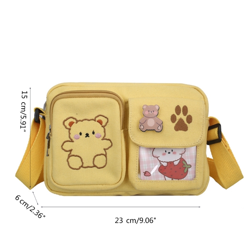 & Compact Canvas Shoulder Bag Bag with Bear Embroidery for Teens