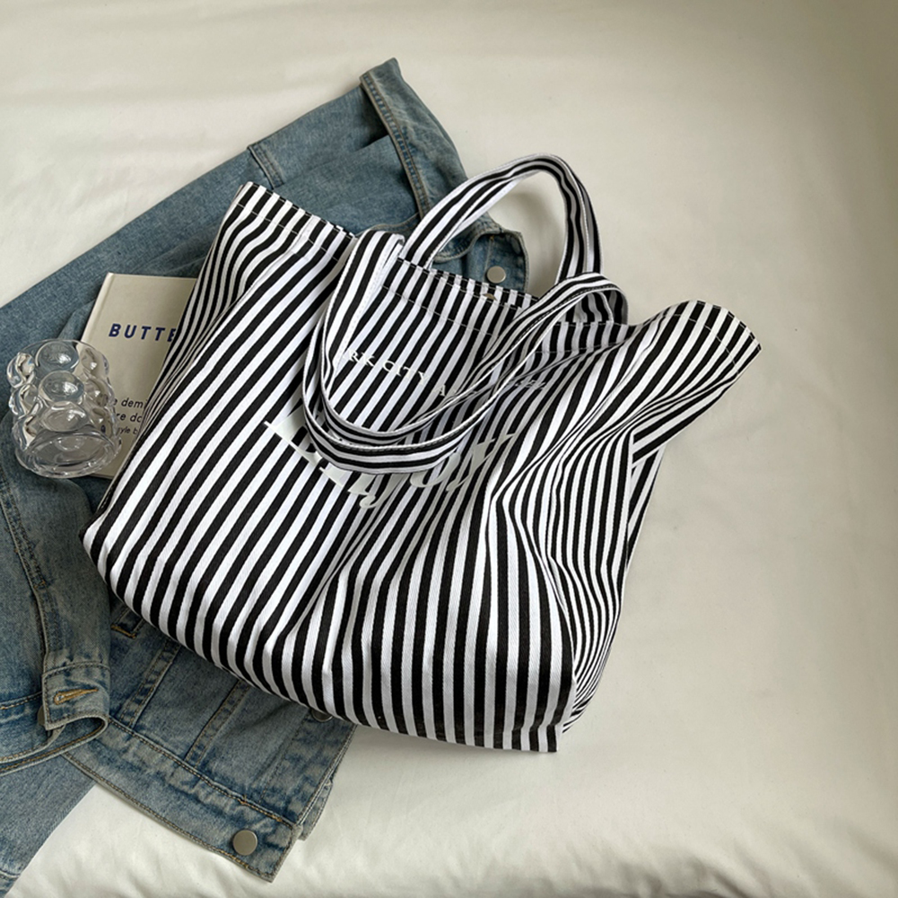 Striped Canvas Casual Tote Bag Lightweight Satchel Purse Soft Shoulder Purse Weekender Beach Bag for Women