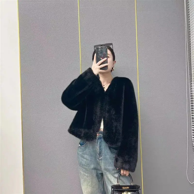 Korean style womens winter faux mink coat high-quality lace jacket long loose thick warm jacket 241107