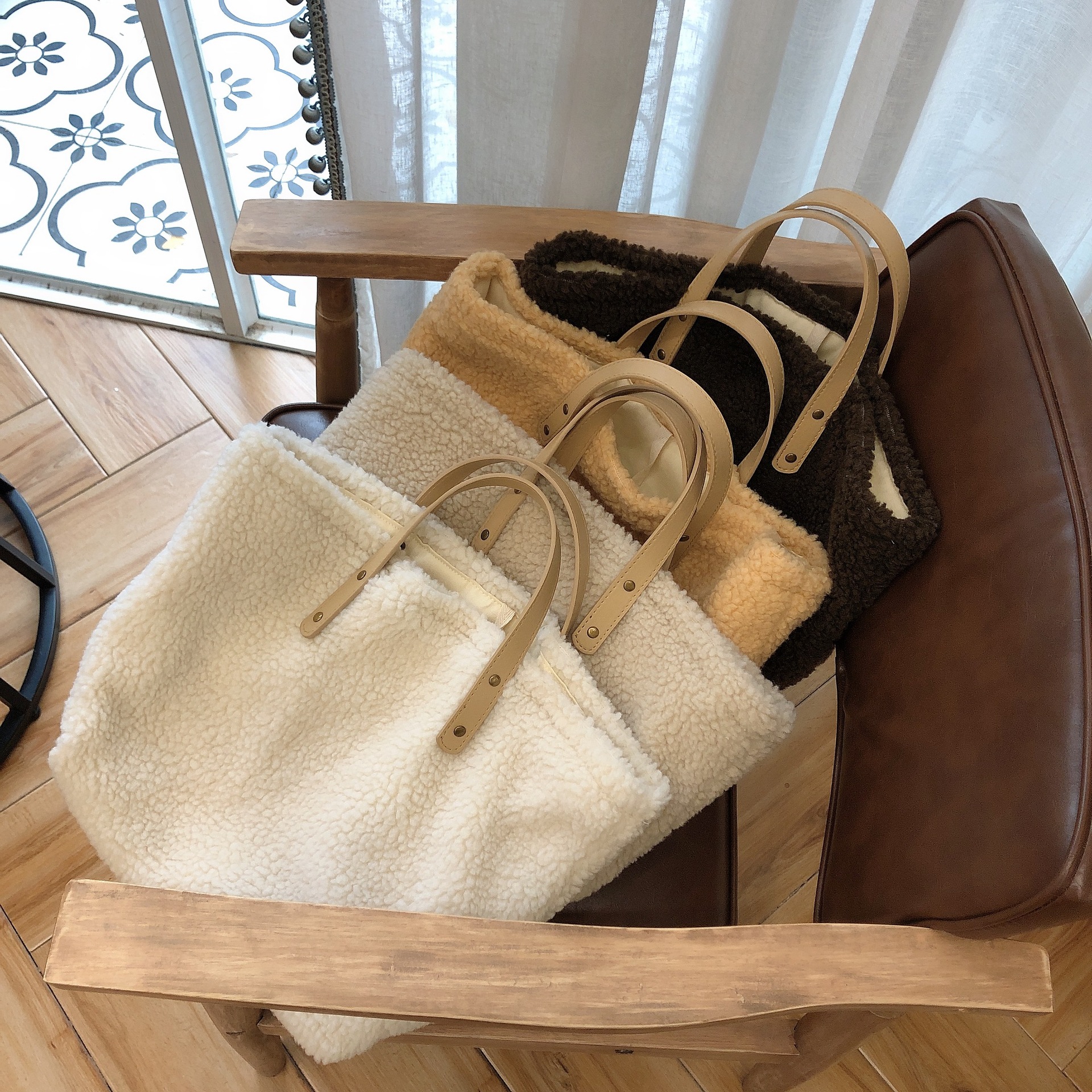 Apricot Lamb Wool Bag Handbag Women's Bag Shoulder Bag Reusable Shopping Bags Casual Tote Female Warm Cream Rice Handbag