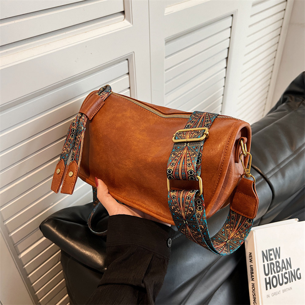 Women Retro Shoulder Bag with Graphic Pattern Wide Strap Fashion Sling Bag Large Capacity Zipper Closure Daily Purse for Female