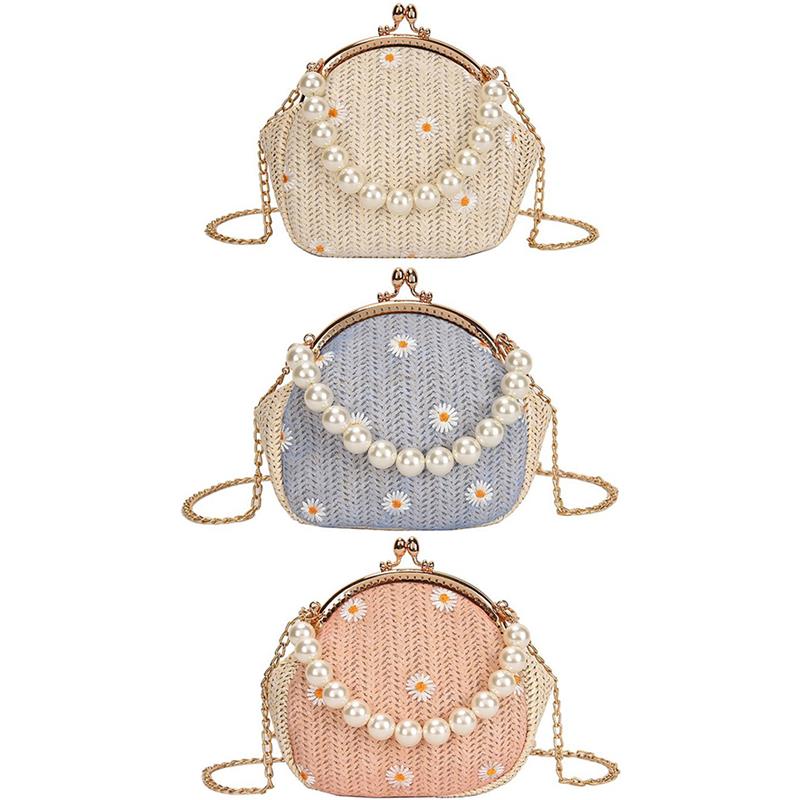 Floral Fake Pearl Top Handle Rattan Bag Shoulder Bag Small Beach HandBags Women Summer Messenger Crossbody Bags