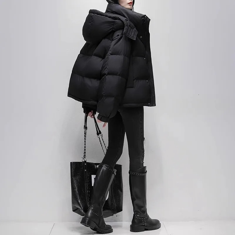 Womens Short Brown Down Jacket Winter 90 White Duck Down Thick Coat Womens Loose Hooded Parka Coat 241107