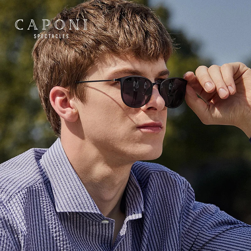 CAPONI Oval Mens Sunglasses with Optoelectronic Polarization for Mens UV Protection and Ultra Light Driving Black Glasses BS520 241106
