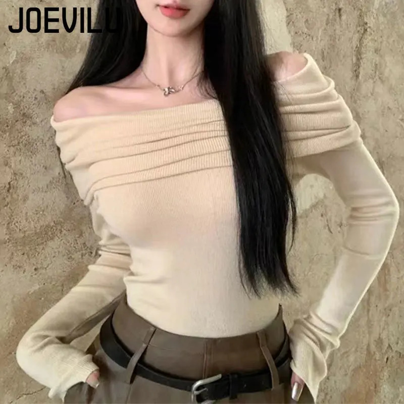 Off Shoulder Knitwear Jumper Korean Fashion Long Sleeve Top Ladies Chic Sweater Women Spring Sexy Skinny Bottoming Shirt 241107