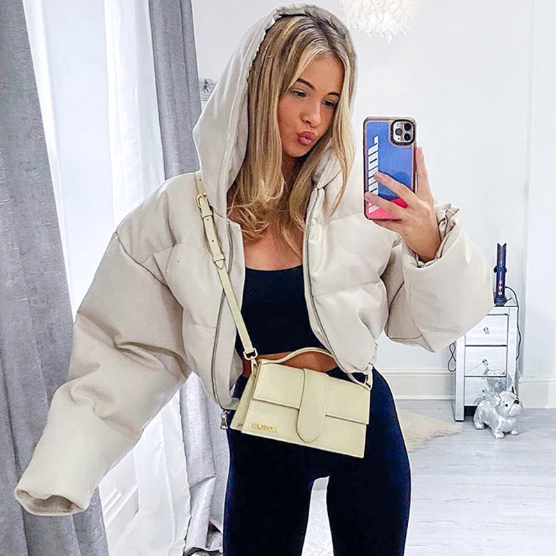 Womens PU Leather Hooded Puff Jacket Winter Thick Warm Waist Puff Coat Zipper Hoodie Short Puff Coat 241107