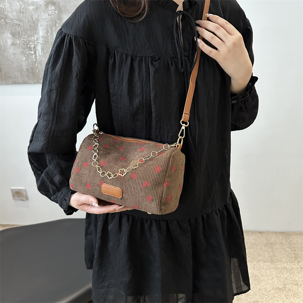 Cute Strawberry Print Shoulder Bag with Zipper Corduroy Messenger Bag with Adjustable Strap Crossbody Purse for Women Girls