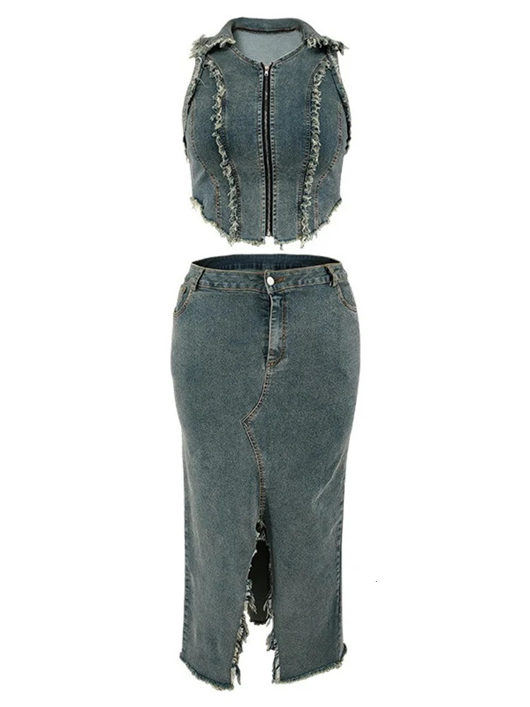 Wmstar Women Plus Size Denim Skirts Sets Two Piece Set Casual Summer Turn-down Collar Crop Tops Streetwear Matching Suits 2024 241107