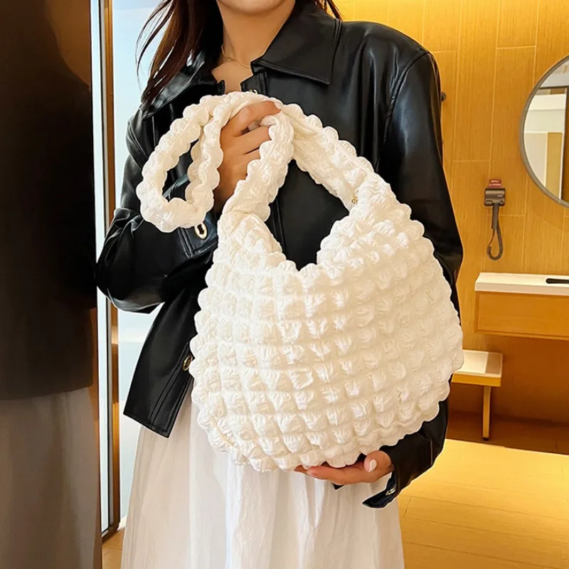 Crossbody Bag With Pleated Design Embroidered Plaid Shoulder Bag Underarm Bags Simple Large Capacity Quilted Tote Bags For Women