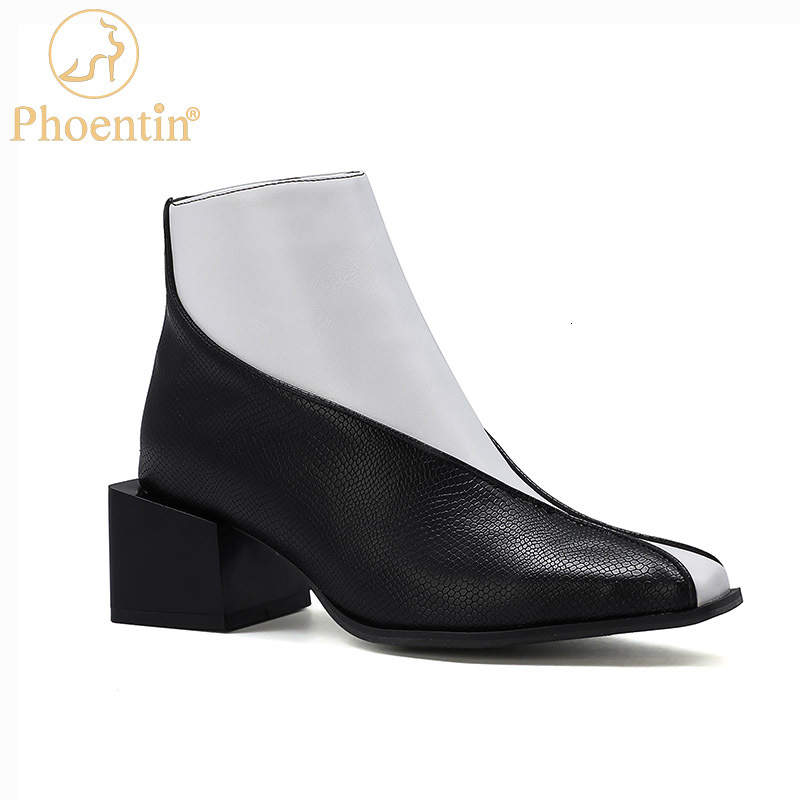 Phoentin Black & White Ankle Boots Women Middle Heels Snake Print Women's Shoes 2020 Large Size 47 48 Ft1027