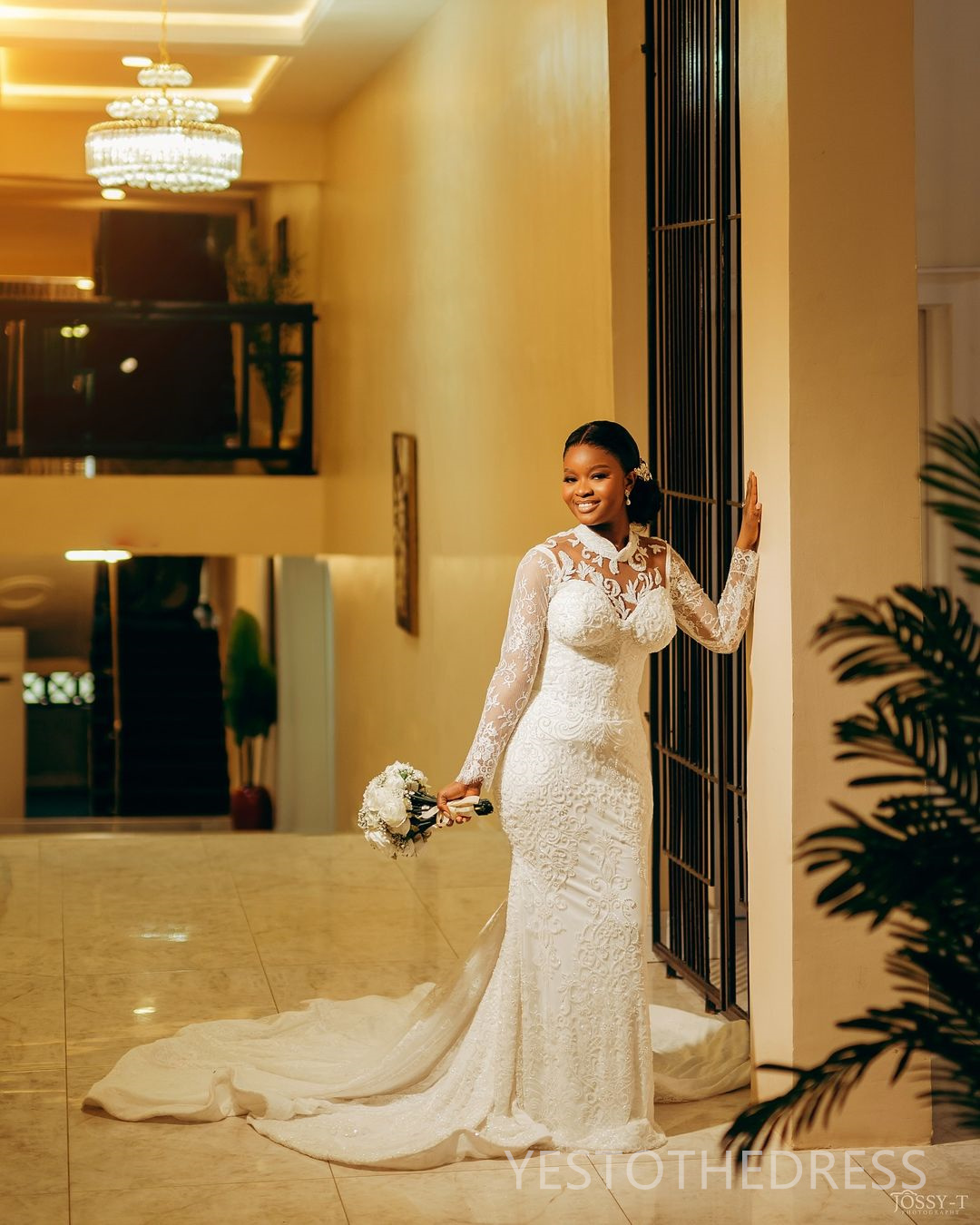 2024 Plus Size Wedding Dresses Bridal Gowns High Neck Long Sleeves Beaded Lace Mermaid Illusion Bridal Gowns For African Black Women D390