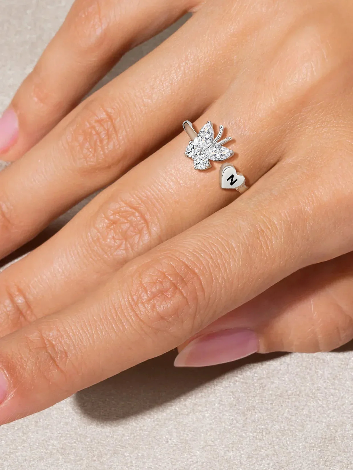U7 925 Silver White Cz Butterfly Ring Cuff Suitable for Women Deep Carving Original Alphabet Customized Anniversary Birthday Gift 241106