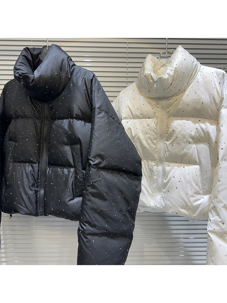 Winter womens vintage apron jacket Rhinestone inflatable jacket stand collar jacket thick warm ious aesthetic 241107