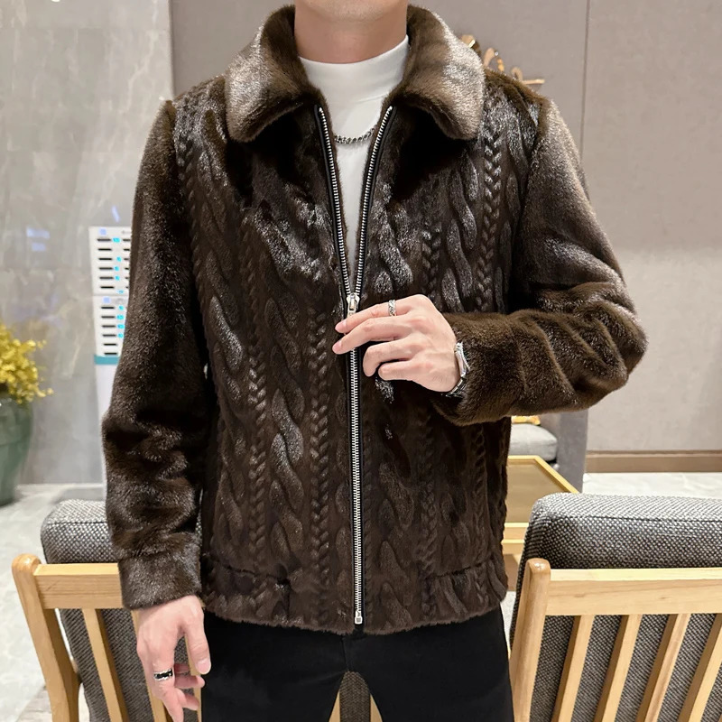 Winter high-quality mink coat mens fashionable polo collar thick leather coat casual plus size solid color coat 241107