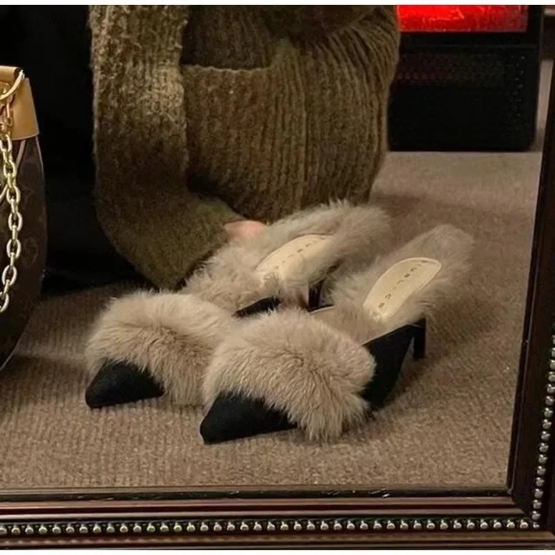 Women High Heel Shoes Fur Slippers Mules Pointed Toe Furry Slides Fashion Elegant er Flip Flops Office Pumps 241106
