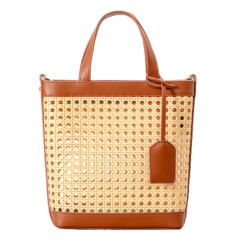 Women Rattan Tote Bag Patchwork Crossbody Bag Adjustable Strap Hollow Out Messenger Bag Zipper Closure for Party Vacation