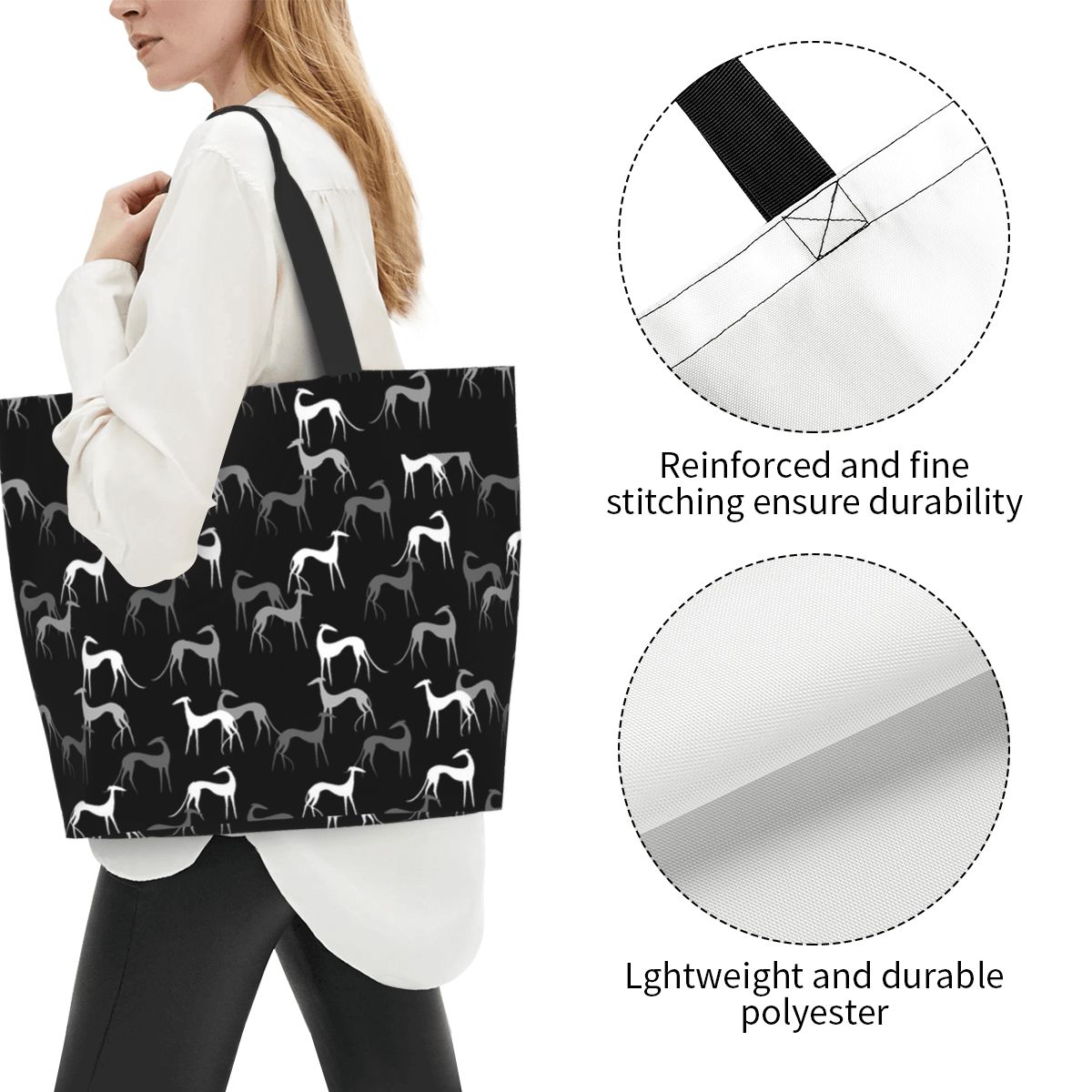Women's Greyhound Dog Shoulder Tote Bag Large Polyester Shopping Bag for Lady Female Handbag Foldable Reusable Beach Shopper Bag