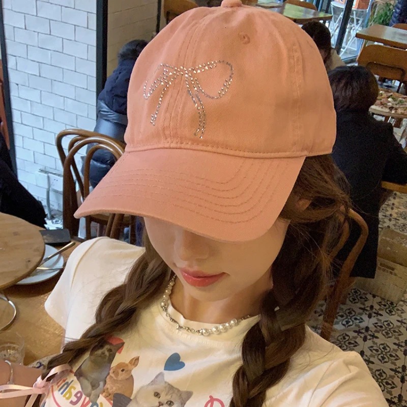 Korean version sweet pink bow ribbon baseball cap womens spring/summer casual version outdoor adjustable cotton hip-hop cap 241107