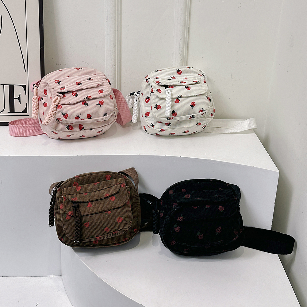 Cute Strawberry Trendy Crossbody Bag Corduroy Tote Handbag Casual Zipper Underarm Bag for Women Girls Travel Work