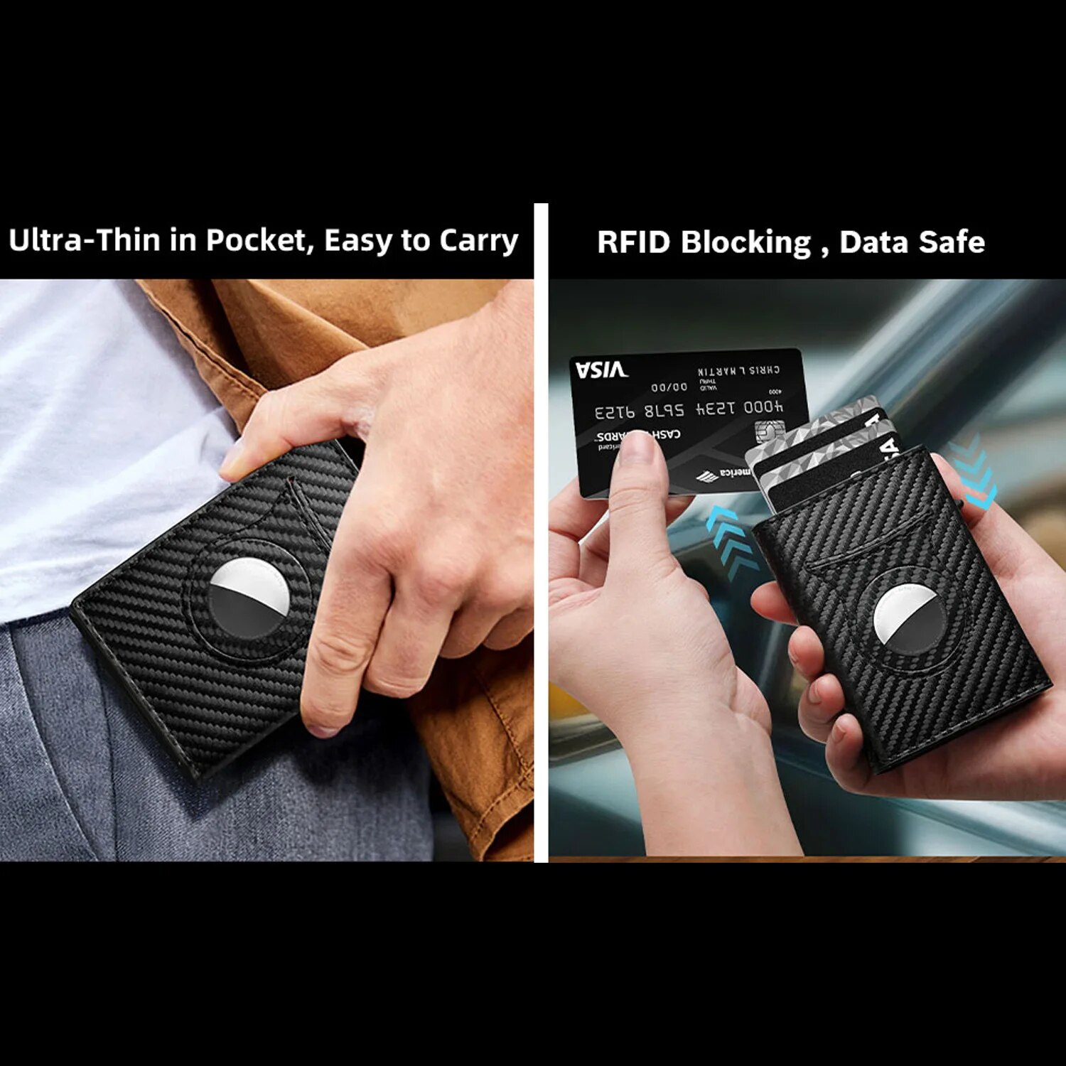 Men's Carbon Fiber Magnetic Card Holder PU Leather RFID Three-fold Automatic Card Holder With Zipper Coin Purse AirTag Wallet